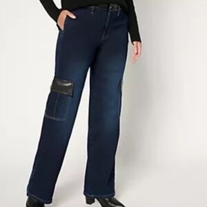 Peace Love World Dark Blue Flare Jeans with Black Cargo Pocket Waist Accents